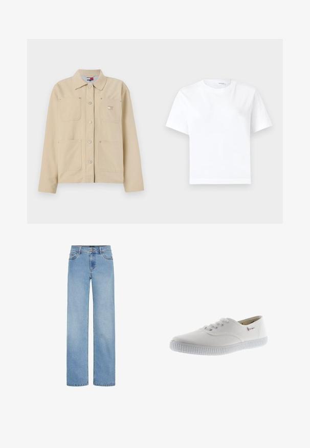 Veste en toile beige avec un col pointu, fermeture à boutons sur le devant, deux poches poitrine et un petit logo en patch. Texture douce et design ajusté.; T-shirt blanc uni en coton à manches courtes, col rond et ourlet droit, présenté sur fond blanc.; Jean large bleu clair en denim. Caractéristiques d'une taille standard, poches avant et une fermeture zippée avec bouton.; Baskets en toile blanches avec bout rond, design à lacets, semelle en caoutchouc texturé et accent de marque subtil. Finition en tissu lisse.