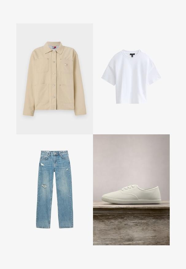 Beige lærredjakke med spidse kraver, frontlukning med knapper, to brystlommer og et lille logo-patch. Blød tekstur og skræddersyet design.; Simpel hvid kortærmet crop top med rund halsudskæring og sort mærke indeni kraven.; Lyseblå, straight-leg jeans lavet af denim. Har sammensmeltede huller på fronten, falmede tekstur og fem lommer med metalhardware.; Hvide kanvas sneakers med rund tå, seks snørrehuller og tekstureret gummisål, hængende over en træoverflade med grønne græs i baggrunden.