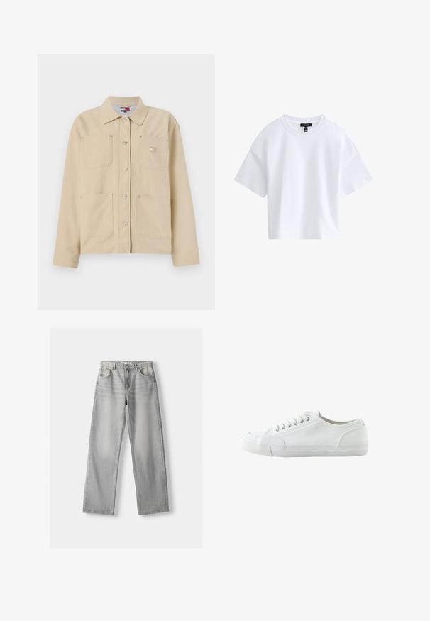 Beige Leinensakko mit spitzem Kragen, vorderer Knopfverschluss, zwei Brusttaschen und einem kleinen Logo-Patch. Weiche Textur und maßgeschneiderte Passform.; Schlichtes weißes kurzärmeliges Cropped-T-Shirt mit rundem Ausschnitt und schwarzem Markenlabel innen im Kragen.; Helle graue Jeans aus Denim mit geradem Bein, ausgestattet mit zwei vorderen Taschen, einem Knopfverschluss und subtilen Abnutzungen für Struktur.; Weißer Canvas-Sneaker mit niedrigem Schaft, Schnürung vorne, Gummisohle und strukturiertem Zehenkappen, gezeigt von der Außenseite vor weißem Hintergrund.