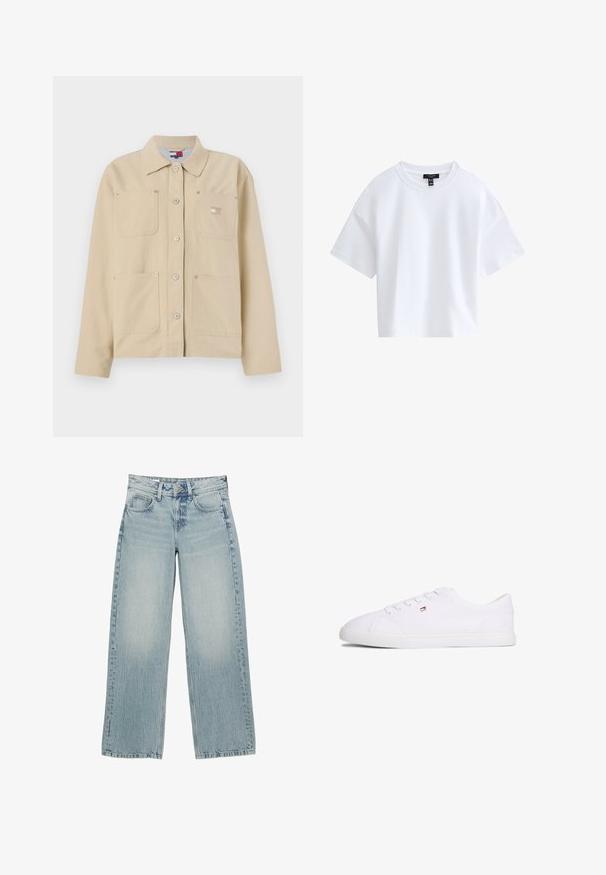 Beige lærredjakke med spidse kraver, frontlukning med knapper, to brystlommer og et lille logo-patch. Blød tekstur og skræddersyet design.; Simpel hvid kortærmet crop top med rund halsudskæring og sort mærke indeni kraven.; Lysblå denim bredbukser med høj talje, der har fem lommer, knaplukning og subtile falmninger for en slidt effekt.; Hvid lavsko med snørelukning og lille rød, hvid og blå logo på siden, flad gummisål.