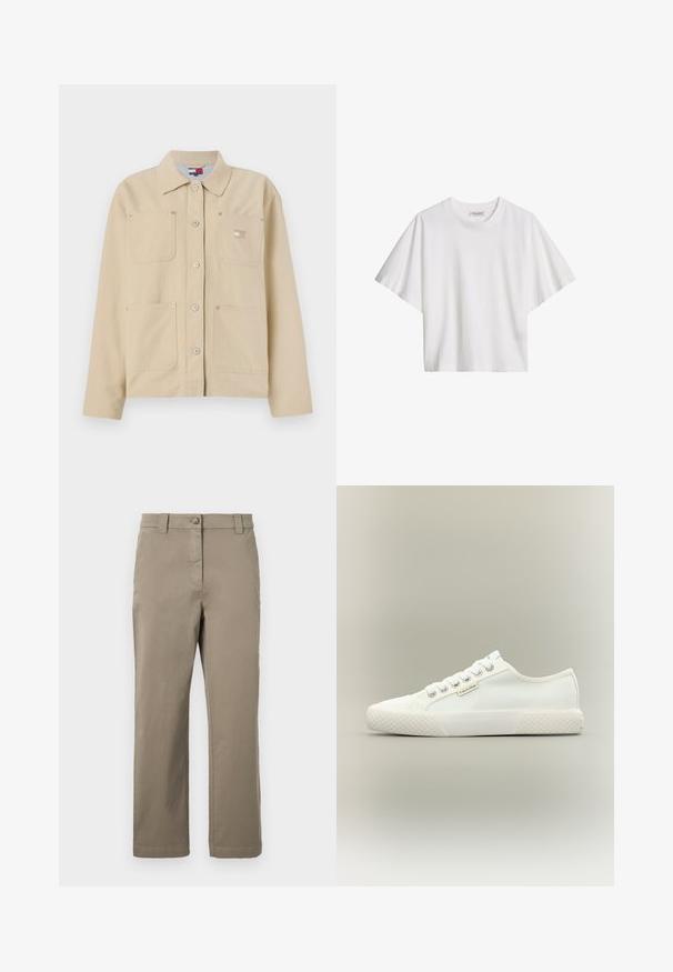 Veste en toile beige avec un col pointu, fermeture à boutons sur le devant, deux poches poitrine et un petit logo en patch. Texture douce et design ajusté.; T-shirt blanc en coton, manches courtes, coupe ample, col rond et étiquette de marque à l'intérieur du col.; Chino en coton kaki avec une coupe droite, dotés d'un bouton à l'avant, de poches latérales et d'une texture lisse. Pas de motifs ou d'accents visibles.; Baskets basses blanches en toile avec semelle en caoutchouc texturée, lacets blancs et petite étiquette Calvin Klein sur le côté.
