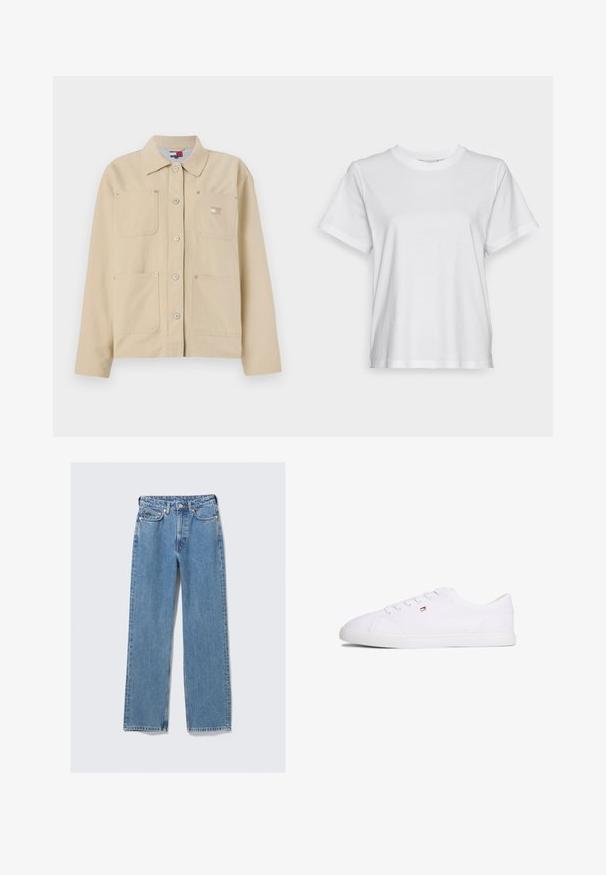 Veste en toile beige avec un col pointu, fermeture à boutons sur le devant, deux poches poitrine et un petit logo en patch. Texture douce et design ajusté.; T-shirt en coton blanc à manches courtes, col rond et coupe décontractée. Texture lisse, sans motifs ni graphiques, design basique.; Jean en denim bleu à taille haute, coupe droite, avec bouton avant, fermeture éclair, passants pour ceinture et design à cinq poches sur un fond clair uni.; Baskets blanches basses à fermeture à lacets avec petit logo rouge, blanc et bleu sur le côté, semelle plate en caoutchouc.