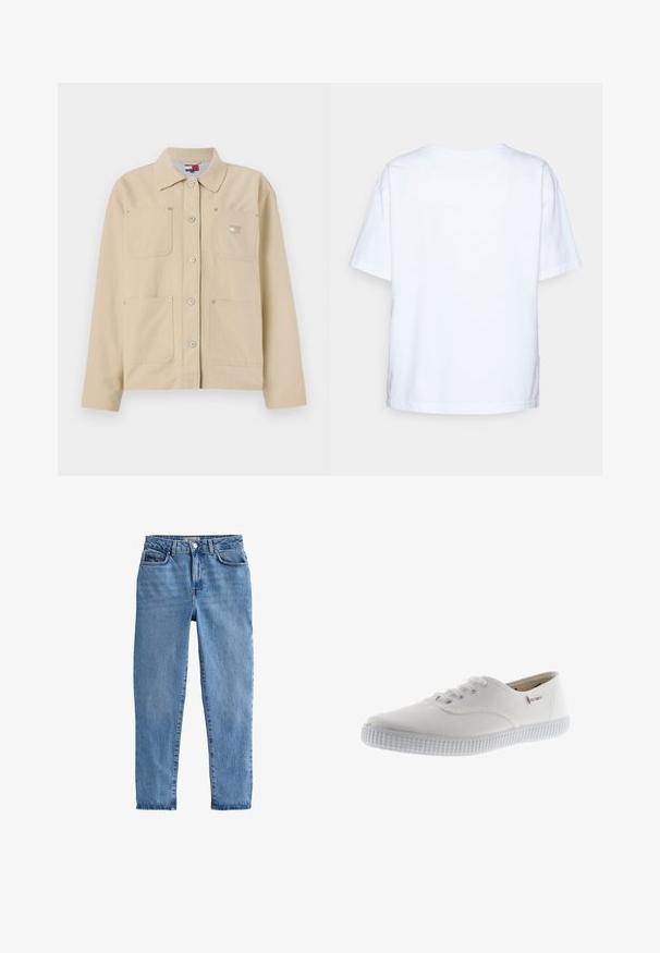 Chaqueta de lona beige con collar puntiagudo, cierre frontal de botones, dos bolsillos en el pecho y un pequeño parche con logo. Textura suave y diseño ajustado.; Camiseta de algodón blanca de manga corta vista desde atrás sobre un fondo gris claro.; Jeans de mezclilla azul claro con una cintura alta, diseño de pierna recta, estilo de cinco bolsillos y un cierre de botón simple en la parte frontal.; Zapatillas de lona blancas con punta redonda, diseño con cordones, suela de goma texturizada y un sutil acento de marca. Acabado de tela suave.