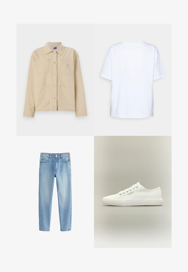 Beige canvas jack met een puntkraag, sluiting met knopen aan de voorkant, twee borstzakken en een klein logo-embleem. Zachte textuur en op maat gemaakt ontwerp.; Effen wit katoenen T-shirt met korte mouwen, gezien van achteren tegen een lichtgrijze achtergrond.; Lichtblauwe katoenen denim jeans met een rechte pijpdesign, voorzien van vijf zakken en een knoopsluiting bij de taille.; Witte lage canvas sneaker met een getextureerde rubberen zool, witte veters en een klein Calvin Klein-label aan de zijkant.
