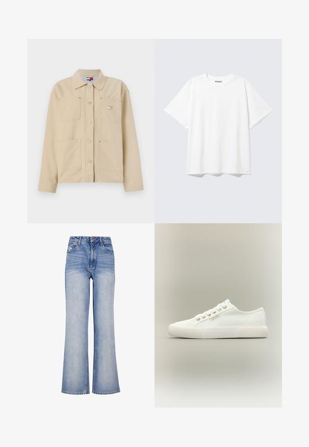 Chaqueta de lona beige con collar puntiagudo, cierre frontal de botones, dos bolsillos en el pecho y un pequeño parche con logo. Textura suave y diseño ajustado.; Camiseta blanca de manga corta con cuello redondo y un ajuste holgado, con una etiqueta "WEEKDAY" en la parte interior trasera del cuello.; Jeans de mezclilla de un azul claro, de pierna ancha, con cintura alta, cierre de botón, un ligero desvanecimiento y un diseño clásico de cinco bolsillos.; Zapatilla blanca de lona de corte bajo con suela de goma texturizada, cordones blancos y pequeña etiqueta de Calvin Klein en el lateral.