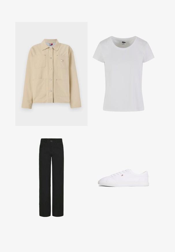 Veste en toile beige avec un col pointu, fermeture à boutons sur le devant, deux poches poitrine et un petit logo en patch. Texture douce et design ajusté.; T-shirt blanc à manches courtes en coton. Il présente une encolure arrondie et une coupe cintrée. L'étiquette indique "URBAN CLASSICS".; Pantalons larges noirs en denim avec une texture lisse. Comprend des poches avant, une fermeture à bouton et des passants de ceinture.; Baskets blanches basses à fermeture à lacets avec petit logo rouge, blanc et bleu sur le côté, semelle plate en caoutchouc.