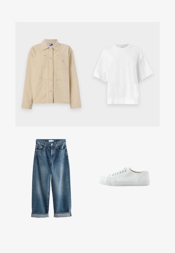 Beige lærredjakke med spidse kraver, frontlukning med knapper, to brystlommer og et lille logo-patch. Blød tekstur og skræddersyet design.; Plain hvid oversized T-shirt med korte ærmer og rund halsudskæring, vist fladt mod en lys grå baggrund.; Blå denim boyfriend jeans med opbuk, forreste knap- og lynlåslukning samt synlige forlommer.; Hvid lavtop canvas-sneaker med snørebånd foran, gummisål og struktureret tåhætte, vist fra ydersiden mod en hvid baggrund.