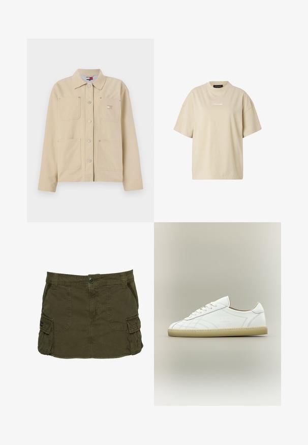 Beige lærredjakke med spidse kraver, frontlukning med knapper, to brystlommer og et lille logo-patch. Blød tekstur og skræddersyet design.; Beige oversized T-shirt med korte ærmer, rund hals og lille hvid "REGARD"-logo centreret på brystet.; Olivengrøn cargoskørt lavet af bomuldsblanding, med sidelommer, synlige sømme og knappelukning i taljen.; Hvid lavtop lædersneaker med beige sål, snøredesign og subtile syede mønstre på neutral baggrund.