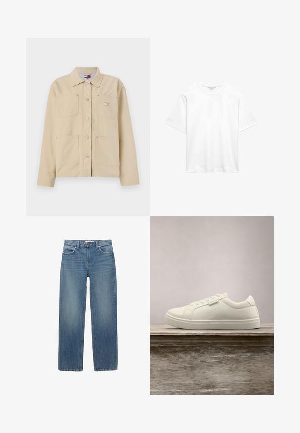 Veste en toile beige avec un col pointu, fermeture à boutons sur le devant, deux poches poitrine et un petit logo en patch. Texture douce et design ajusté.; T-shirt blanc uni en coton à manches courtes avec col rond, présenté à plat sur un fond blanc.; Jeans en denim bleu clair à coupe droite, avec cinq poches et des éléments en métal de couleur cuivrée. Le tissu présente une légère décoloration et une texture douce.; Baskets en cuir blanc avec des lacets flottant au-dessus d'un banc en bois, herbe verte haute floue en arrière-plan à l'extérieur.