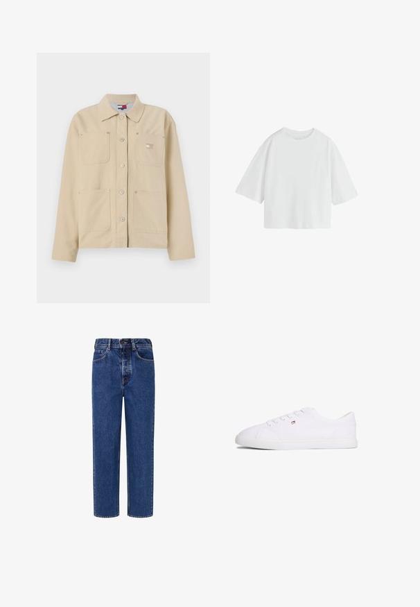 Chaqueta de lona beige con collar puntiagudo, cierre frontal de botones, dos bolsillos en el pecho y un pequeño parche con logo. Textura suave y diseño ajustado.; Camiseta blanca lisa de manga corta oversize con cuello redondo y ajuste holgado.; Vaqueros de mezclilla con un lavado azul medio, diseño de pierna recta, cinco bolsillos y costuras de contraste en las costuras.; Zapatilla blanca de corte bajo con cierre de cordones y pequeño logo en rojo, blanco y azul en el lateral, suela plana de goma.