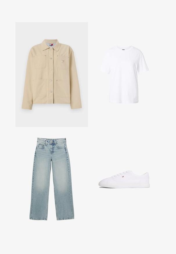 Veste en toile beige avec un col pointu, fermeture à boutons sur le devant, deux poches poitrine et un petit logo en patch. Texture douce et design ajusté.; T-shirt blanc uni à manches courtes avec col rond, coupe décontractée et petite étiquette à l'intérieur du col.; Jeans en denim bleu clair à jambes larges avec une taille haute, dotés de cinq poches, d'une fermeture à boutons et d'un léger délavage pour un effet usé.; Baskets blanches basses à fermeture à lacets avec petit logo rouge, blanc et bleu sur le côté, semelle plate en caoutchouc.