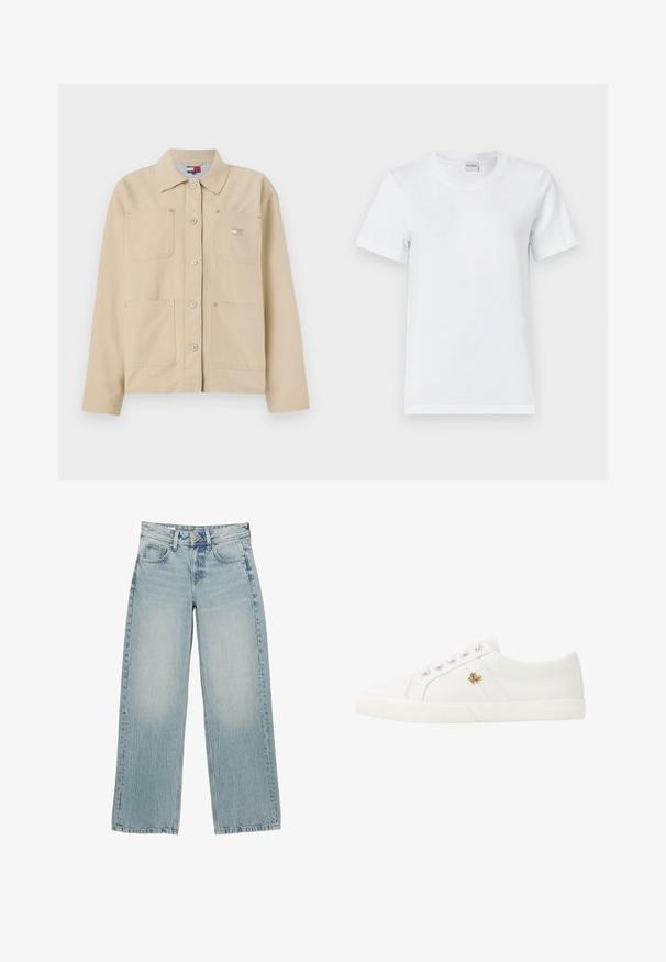 Beige Leinensakko mit spitzem Kragen, vorderer Knopfverschluss, zwei Brusttaschen und einem kleinen Logo-Patch. Weiche Textur und maßgeschneiderte Passform.; Weißes Baumwoll-T-Shirt mit rundem Halsausschnitt, kurzen Ärmeln, gerader Saum und glatter Textur. Keine Muster oder zusätzliche Verzierungen.; Helle, blaue Denim-Hosen mit weitem Bein und hoher Taille, ausgestattet mit fünf Taschen, einem Knopfverschluss und dezentem Ausbleichen für einen getragenen Effekt.; Lauren Ralph Lauren JANSON II CANVAS SNEAKER - Sneaker low - optic white