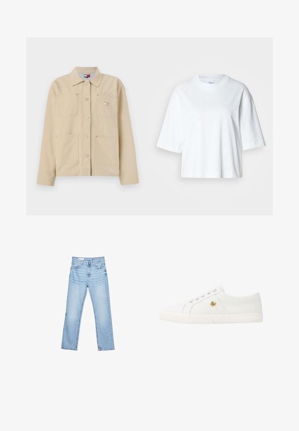 Beige Leinensakko mit spitzem Kragen, vorderer Knopfverschluss, zwei Brusttaschen und einem kleinen Logo-Patch. Weiche Textur und maßgeschneiderte Passform.; Weißes, kurz geschnittenes T-Shirt mit kurzen Ärmeln und Rundhalsausschnitt, aus weichem Baumwollmaterial, mit einem einfachen und klaren Design.; Hellblaue Jeans aus Denim mit geradem Schnitt, Fünf-Taschen-Design und sichtbaren Nähten. Mittelhoher Taillenbund mit klassischem Knopf- und Reißverschluss.; Lauren Ralph Lauren JANSON II CANVAS SNEAKER - Sneaker low - optic white