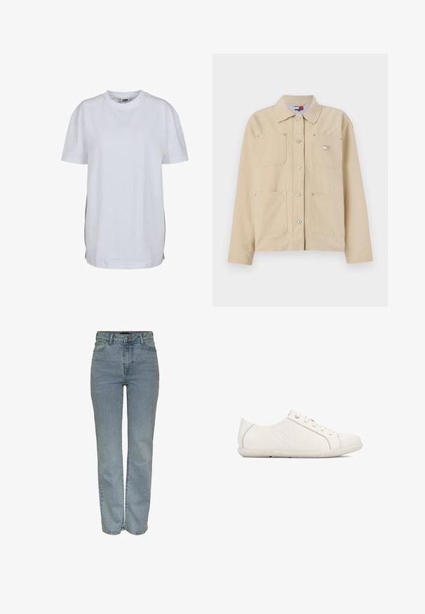 Veste en toile beige avec un col pointu, fermeture à boutons sur le devant, deux poches poitrine et un petit logo en patch. Texture douce et design ajusté.; T-shirt blanc uni à manches courtes avec col rond, ourlet droit et petite étiquette de marque visible à l'intérieur du col.; Jean droit taille haute bleu clair avec fermeture à bouton et à zip à l'avant, cinq poches et passants de ceinture.; Baskets blanches à fini texturé, design à lacets, bout arrondi, et logo sur le côté. Présentent des coutures discrètes et une semelle en caoutchouc.