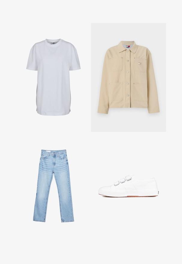 Veste en toile beige avec un col pointu, fermeture à boutons sur le devant, deux poches poitrine et un petit logo en patch. Texture douce et design ajusté.; T-shirt blanc uni à manches courtes avec col rond, ourlet droit et petite étiquette de marque visible à l'intérieur du col.; Jean en denim bleu clair à jambes droites avec poches avant, passants de ceinture et fermeture par bouton et zip, présenté à plat sur fond blanc.; Baskets en toile blanches avec une finition texturée, dotées de trois sangles réglables et d'une semelle en caoutchouc solide de couleur marron clair. Design minimaliste.
