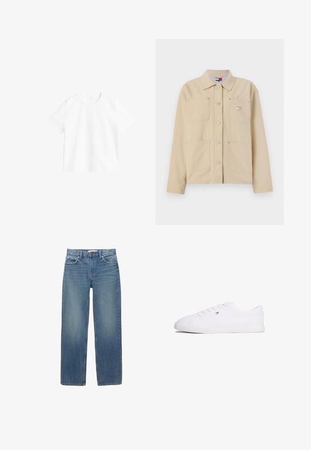 Veste en toile beige avec un col pointu, fermeture à boutons sur le devant, deux poches poitrine et un petit logo en patch. Texture douce et design ajusté.; T-shirt blanc uni à manches courtes et col rond exposé sur un fond blanc, montrant la vue de face et des détails de couture minimaux.; Jeans en denim bleu clair à coupe droite, avec cinq poches et des éléments en métal de couleur cuivrée. Le tissu présente une légère décoloration et une texture douce.; Baskets blanches basses à fermeture à lacets avec petit logo rouge, blanc et bleu sur le côté, semelle plate en caoutchouc.