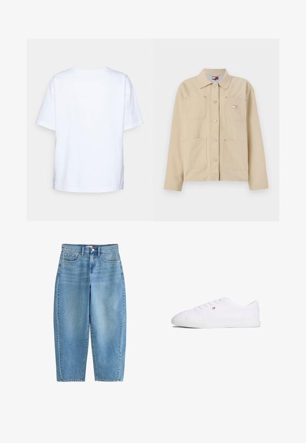 Beige lærredjakke med spidse kraver, frontlukning med knapper, to brystlommer og et lille logo-patch. Blød tekstur og skræddersyet design.; Enkelt hvid kortærmet bomulds t-shirt vist bagfra mod en lys grå baggrund.; Højtaljede, lyseblå denimjeans med lige ben, knaplukning foran med lynlås og fem-lomme-design.; Hvid lavsko med snørelukning og lille rød, hvid og blå logo på siden, flad gummisål.