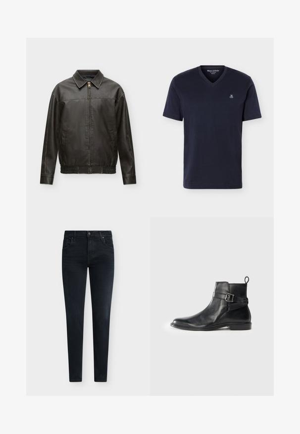 Mørkebrun læderjakke med frontlynlås, klassisk krave, lange ærmer, sidelommer og elastisk talje vist mod en ensfarvet baggrund.; Marineblå T-shirt med korte ærmer og V-udskæring, med lille hvid "M OP"-logo på venstre bryst, almindelig pasform, vist på hvid baggrund.; Sorte slim-fit jeans med frontknap og lommer, vist på en flad lys grå baggrund.; Sorte læder ankelstøvler med rund tå, sidespænde detaljer og en løkkerings på hælen. Flad sål med en subtil glansfinish.