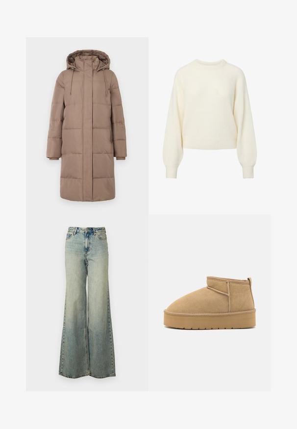 Pufferjakke i lysebrun stof, med huood, lynlås foran, ribbede manchetter og kviltet firkantet mønster.; Cremefarvet langærmet striktrøje med ribbet rund hals, manchetter og kant.; Lyseblå vide jeans lavet af denim, med høj talje, bleget vask og sidelommer med synlige stikninger.; Beige suede ankelstøvler med rund tå, minimale syninger og en lysebrun gummisål med et tekstureret mønster.