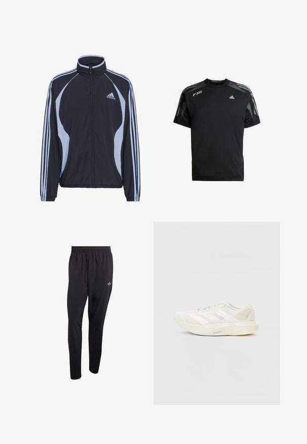 Sort atletisk jakke med lysblå detaljer, lynlås lukning, høj krave og tre hvide striber på hver ærme; lavet af letvægtsmateriale.; Sort atletisk T-shirt lavet af letvægtsstof, med mesh skulderpaneler, korte ærmer og hvide adidas og F50 logoer.; Sorte atletikbukser lavet af letvægtsmateriale med elastisk taljebånd og et lille præget logo på det øverste venstre benområde.; Hvid atletiksko med mesh-overdel, prydet med tre hvide striber, rund tå og en lys sål mærket "LIGHTSTRIKE PRO."