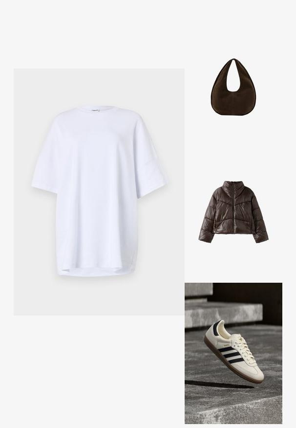 Dunkelbraune glänzende Steppjacke mit hohem Kragen, langen Ärmeln und Reißverschluss vorne, dargestellt vor weißem Hintergrund.; Oversized, kurzärmliges weißes T-Shirt aus Baumwolle. Runder Halsausschnitt, Seitenschlitze am Saum und glatte Textur ohne sichtbare Muster oder Akzente.; Weißer Adidas Samba Sneaker mit schwarzen Streifen und Gummisohle, schwebend über strukturierten grauen Betontreppen.; Dunkelbraune Wildleder-Handtasche in Halbmondform mit einem breiten Riemen und glatter Textur vor weißem Hintergrund.