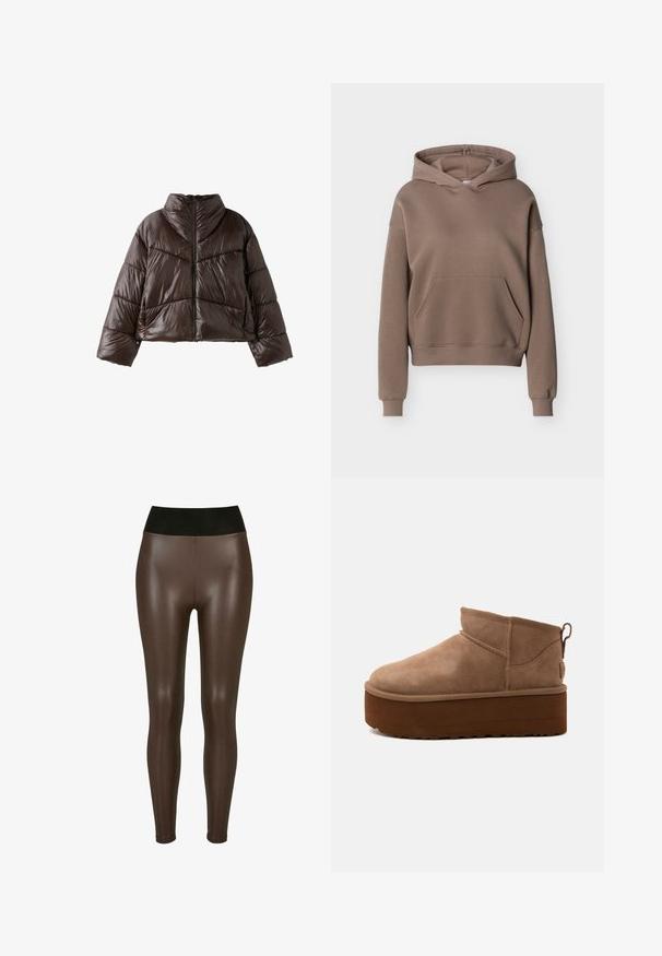 Dunkelbraune glänzende Steppjacke mit hohem Kragen, langen Ärmeln und Reißverschluss vorne, dargestellt vor weißem Hintergrund.; Brauner Kapuzenpullover mit Kängurutasche vorne sowie gerippten Bündchen an Ärmeln und Saum, auf neutralem Hintergrund dargestellt.; Braune leggings aus Kunstleder mit einem hohen schwarzen Bund, die eine glatte, glänzende Oberfläche und ein eng anliegendes Design bis zum Knöchel aufweisen.; Brauner, halbhoher Slipper-Stiefel aus Wildleder mit dicker Plateausohle und Zuglasche hinten vor hellem Hintergrund.