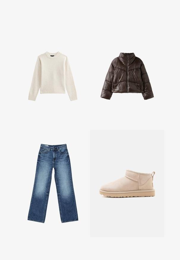 Veste matelassée brillante marron foncé avec col montant, manches longues et fermeture éclair à l'avant, présentée sur fond blanc.; Pull en tricot beige clair avec un col rond côtelé et un ourlet, doté de manches longues et d'une silhouette décontractée. Texture douce et design minimal.; Jean denim bleu à jambes larges avec poches avant et poche monnaie, fermeture à boutons, et lavage délavé sur les cuisses et les genoux.; Bottine beige en daim avec semelle plate, coutures visibles et languette à l'arrière sur un fond blanc uni.