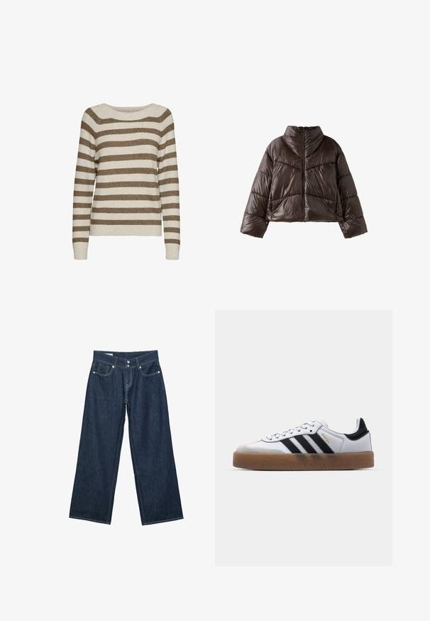 Donkerbruine glanzende donsjas met hoge kraag, lange mouwen en een ritssluiting aan de voorkant, getoond op een witte achtergrond.; Vero Moda VMDOFFY LS O-NECK BLOUSE NOOS - Trui - birch; Donkerblauwe wijde spijkerbroek met dubbele knoopsluiting, voorzakken en contrasterende stiksels op een witte achtergrond.; Witte leren sneakers met zwarte strepen, gumrubberen buitenzool, ronde neus, vetersluiting en een zachte grijze suède neuskap.