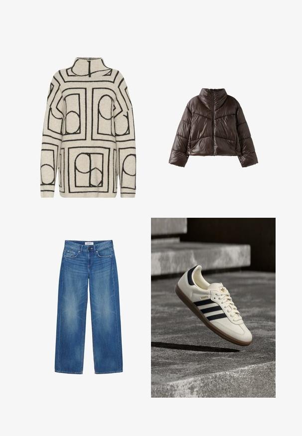 Veste matelassée brillante marron foncé avec col montant, manches longues et fermeture éclair à l'avant, présentée sur fond blanc.; Pull en tricot beige clair avec des motifs géométriques noirs, doté d'un col montant, d'une coupe ample et d'un tissu texturé pour plus de chaleur.; Jeans bleu à jambes larges avec poches avant, passants pour ceinture, fermeture par bouton et détails subtils délavés sur les cuisses et les genoux.; Baskets blanches Adidas Samba avec des bandes noires et une semelle en gomme, flottant au-dessus de marches en béton gris texturé.