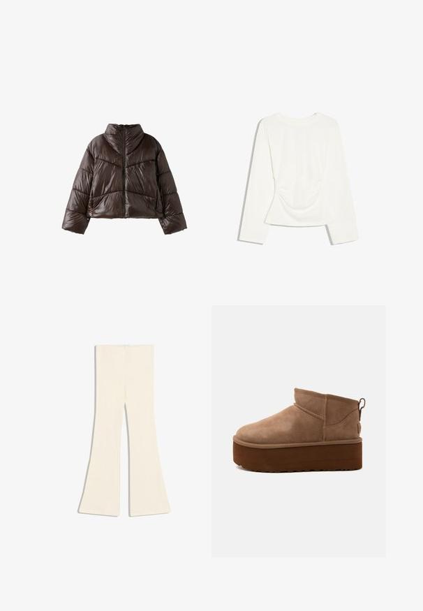 Veste matelassée brillante marron foncé avec col montant, manches longues et fermeture éclair à l'avant, présentée sur fond blanc.; Chemise blanche à manches longues avec un col rond et un subtil détail froncé à la taille, affichée sur un fond blanc.; Pantalon en maille côtelée couleur crème avec design de jambes évasées, présenté à plat sur un fond blanc.; Bottine marron en daim de hauteur moyenne, style slip-on, avec une semelle épaisse compensée et un onglet à l’arrière sur fond clair.
