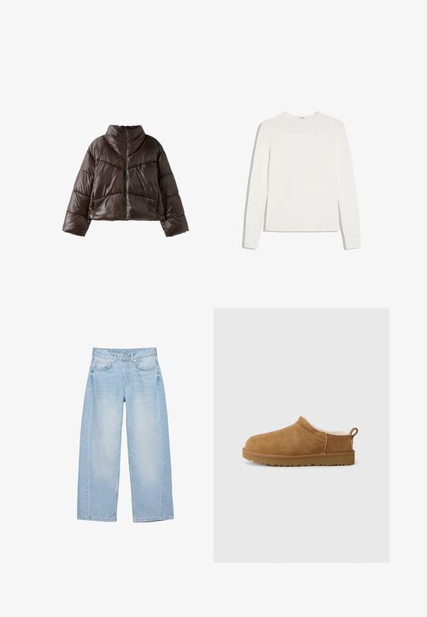 Veste matelassée brillante marron foncé avec col montant, manches longues et fermeture éclair à l'avant, présentée sur fond blanc.; T-shirt blanc uni à manches longues avec col rond et coupe ajustée, posé à plat sur un fond blanc.; Jean large bleu clair avec bouton à l'avant, fermeture éclair, cinq poches, et détails légèrement délavés sur les cuisses.; Chaussure mocassin en suède marron avec une douillette doublure en fourrure blanche, semelle plate en caoutchouc, bout arrondi et petite languette au talon.