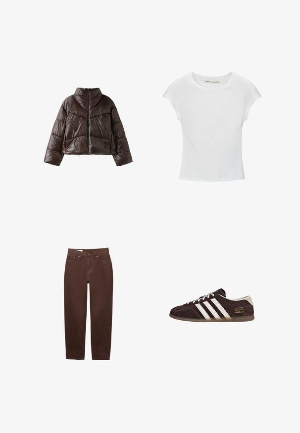 Veste matelassée brillante marron foncé avec col montant, manches longues et fermeture éclair à l'avant, présentée sur fond blanc.; T-shirt en coton blanc avec manches courtes retroussées, encolure ronde et ourlet droit. Texture lisse sans motifs ni accents visibles.; Jean marron à jambe droite avec bouton frontal, fermeture éclair et design à cinq poches sur fond blanc.; Baskets en suède marron avec trois bandes blanches, semelle en caoutchouc, et étiquette avec le texte "Gazelle" en or. Fermeture à lacets avec lacets gris.