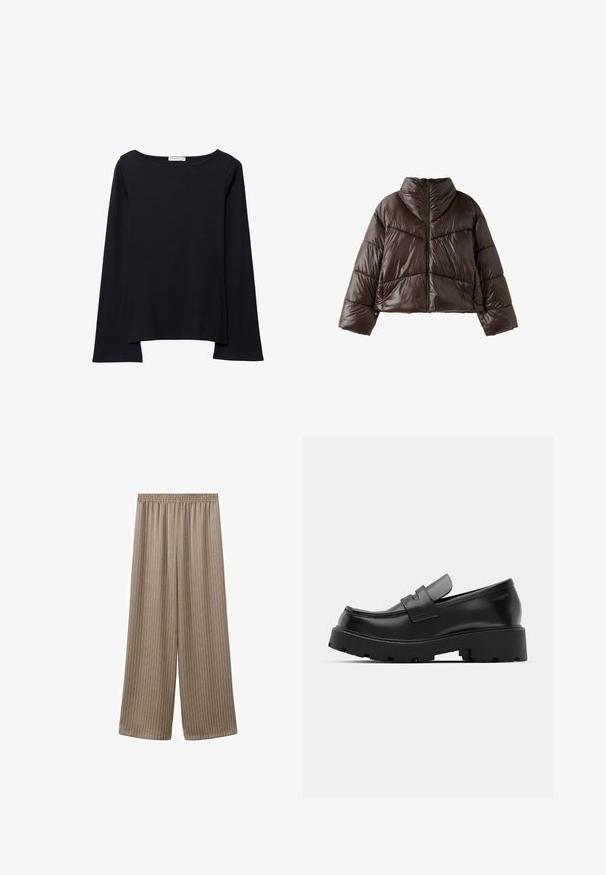 Veste matelassée brillante marron foncé avec col montant, manches longues et fermeture éclair à l'avant, présentée sur fond blanc.; Haut noir à manches longues avec un large col rond, coupe décontractée et texture douce. Comprend un ourlet arrière légèrement plus long et sans ornements supplémentaires.; Pantalon beige à jambes larges avec fines rayures verticales, taille élastique et coupe ample s'étendant jusqu'aux chevilles.; Mocassins en cuir noir avec une semelle épaisse et texturée, dotés d'une sangle sur le vamp et d'une finition lisse et polie.