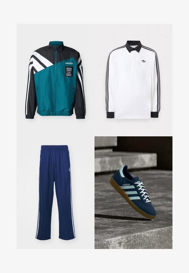 Sinakas ja mustas Adidas jope valgete triipudega, Liverpooli jalgpalliklubi vapp, eest tõmblukuga, elastsete varrukaotste ja vöökohaga.; Valge pika varrukaga polosärk musta krae, mustade mansettide, varruka kolmetriipulise musta mustriga ja musta Adidas logo rinnal.; Tumed sinised spordipüksid lõdva lõikega, valgete külgtriipudega ja elastse vöökoha ning sileda kangaga, ilma nähtavate mustrite või lisadega.; Sinine Adidas Spezial tennisk, valgete triipude ja paeltega, kummist tallaga, hõljub kareda betoonpinna ja sammude kohal taustal.
