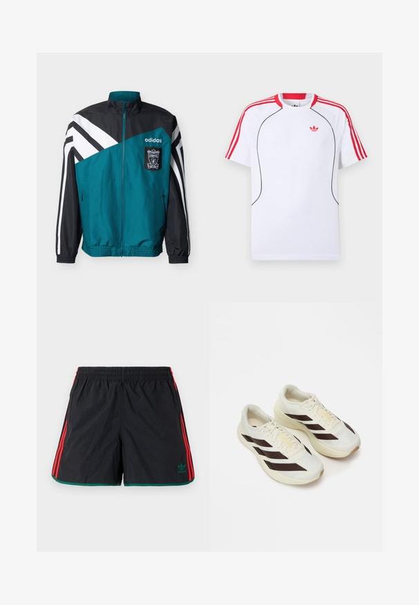 Τζάκετ Adidas σε τιρκουάζ και μαύρο με άσπρες ρίγες, με το έμβλημα της Liverpool Football Club, εμπρόσθιο φερμουάρ και ελαστικούς μανσέτες και τελείωμα.; Λευκό κοντομάνικο αθλητικό μπλουζάκι με κόκκινες ρίγες στους ώμους και στα μανίκια, μαύρες λεπτομέρειες στο μπροστινό μέρος και κόκκινο λογότυπο Adidas trefoil στο στήθος.; Μαύρες σορτς με κόκκινες λωρίδες στο πλάι και πράσινο τελείωμα. Ελαστική μέση με το πράσινο λογότυπο της Adidas στην αριστερή πλευρά. Ελαφρύ υλικό.; Ανοιχτόχρωμα αθλητικά παπούτσια με σκούρες καφέ διαγωνίους ρίγες, υφασμάτινο επάνω μέρος με υφή και μαλακή σόλα. Διαθέτει κίτρινη σήμανση "ADIZERO".