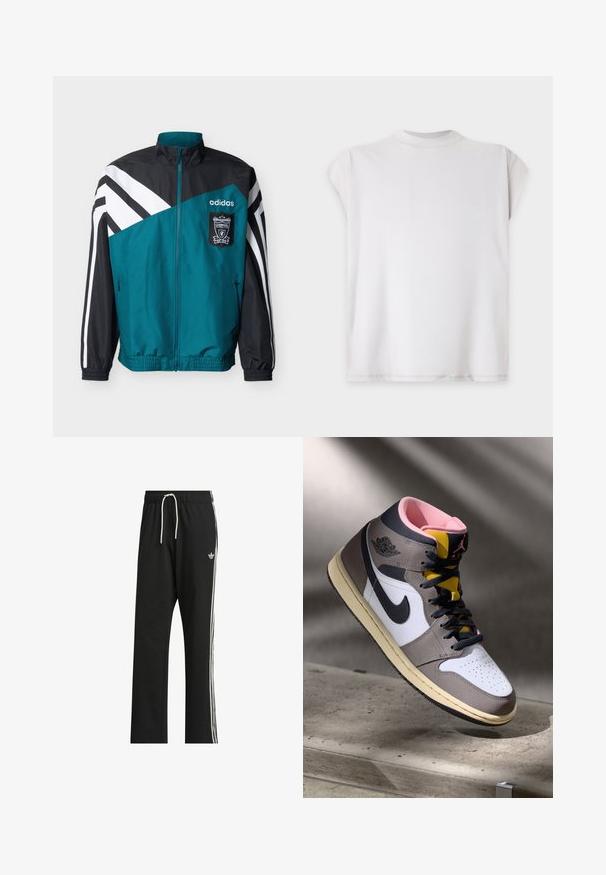 Turquoise en zwarte Adidas trainingsjas met witte strepen, Liverpool Football Club-embleem, ritssluiting aan de voorkant en elastische manchetten en zoom.; Effen wit t-shirt met korte mouwen en een ronde hals, plat uitgespreid op een lichte achtergrond.; adidas Originals Trainingsbroek - black; Hoog-top Nike Air Jordan sneaker in wit, grijs en zwart met een roze interieur en gele tong, geplaatst op een betonnen oppervlak.