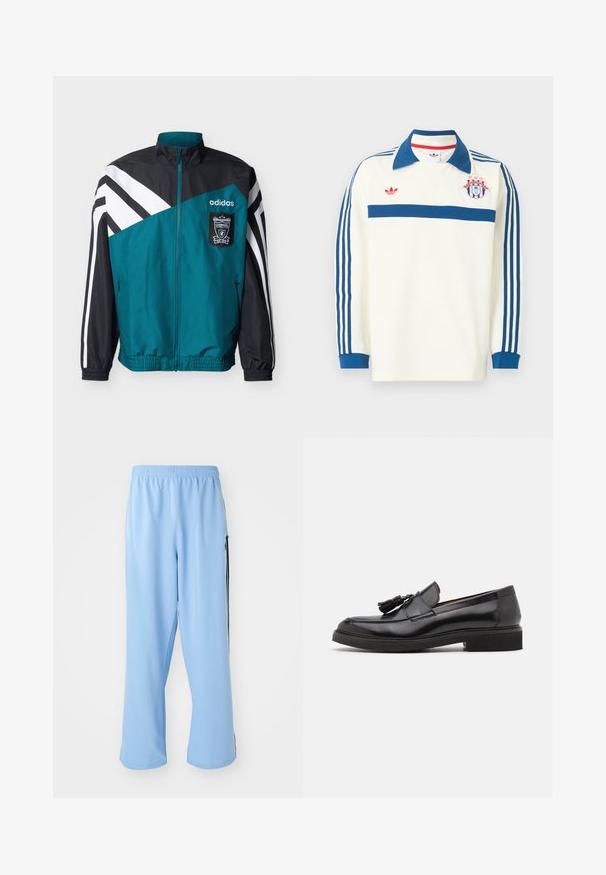 Sinakas ja mustas Adidas jope valgete triipudega, Liverpooli jalgpalliklubi vapp, eest tõmblukuga, elastsete varrukaotste ja vöökohaga.; Valge pikkade varrukatega spordi särk, sinise kraega, siniste triipudega varrukatel, sinise triibuga rinnal, punase logoga ja rinnal kilbiembleem, millel on tähed.; Heledad sinised sportlikud püksid, mis on valmistatud siledast kangast, featuring elastne vöökoht ja kontrastsed mustad küljeribad.; Must have musta nahkloafersid narmaste detailiga, ümmarguse ninaga ja tekstureeritud tallaga. Omab siledat viimistlust ja minimalistikku disaini.
