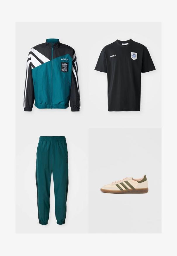 Τζάκετ Adidas σε τιρκουάζ και μαύρο με άσπρες ρίγες, με το έμβλημα της Liverpool Football Club, εμπρόσθιο φερμουάρ και ελαστικούς μανσέτες και τελείωμα.; Μαύρη κοντομάνικη μπλούζα φτιαγμένη από βαμβάκι, με στρογγυλή λαιμόκοψη. Περιλαμβάνει λευκό λογότυπο Adidas και μία ετικέτα με μπλε έμβλημα στο αριστερό στήθος.; Τιρκουάζ αθλητικά παντελόνια με ζωνάκι προσαρμογής, ελαστικούς μανσέτες και μαύρες ρίγες στα πλάγια. Φτιαγμένα από ελαφρύ ύφασμα, με λογότυπο κοντά στο ισχίο.; Χαμηλού προφίλ μπεζ αθλητικό παπούτσι Adidas Spezial με πράσινες ρίγες, σόλα από καουτσούκ και την επωνυμία "SPEZIAL" στην πλευρά, εμφανίζεται από την εξωτερική πλευρά.