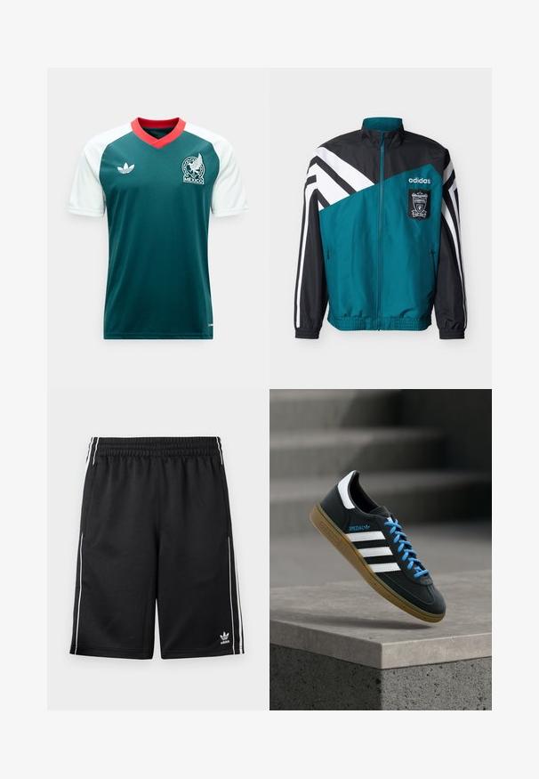 Τζάκετ Adidas σε τιρκουάζ και μαύρο με άσπρες ρίγες, με το έμβλημα της Liverpool Football Club, εμπρόσθιο φερμουάρ και ελαστικούς μανσέτες και τελείωμα.; Πράσινη φανέλα ποδοσφαίρου με λευκά μανίκια, κόκκινο V-λαιμόκοψη, λογότυπο Adidas στο αριστερό στήθος και έμβλημα της ομάδας του Μεξικού στο δεξί στήθος.; Μαύρο αθλητικό σορτς Adidas με λευκές ρίγες στα πλάγια, ελαστική μέση, πλαϊνές τσέπες και λογότυπο Adidas στο κάτω αριστερό πόδι.; Μαύρο αθλητικό παπούτσι Adidas με λευκές ρίγες, μπλε κορδόνια και καουτσούκ σόλα να αιωρείται πάνω από γκρίζο τσιμεντένιο σκαλοπάτι σε απαλό φως.