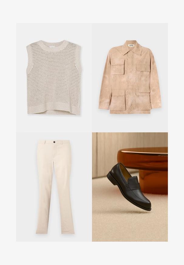 Chaqueta de manga larga color beige claro con un amplio cuello y cuatro grandes bolsillos con solapa en el frente, hecha de un tejido suave y texturizado.; Top sin mangas de punto en beige claro con patrón de tejido abierto, cuello redondo y ribete acanalado. Textura suave; diseño casual adecuado para superponer.; Pantalones rectos beige con trabillas para cinturón, cierre frontal con botón y cremallera, exhibidos sobre un fondo claro y liso.; Zapato mocasín de cuero negro con tacón bajo flotando sobre suelo alfombrado beige cerca de una mesa redonda marrón.