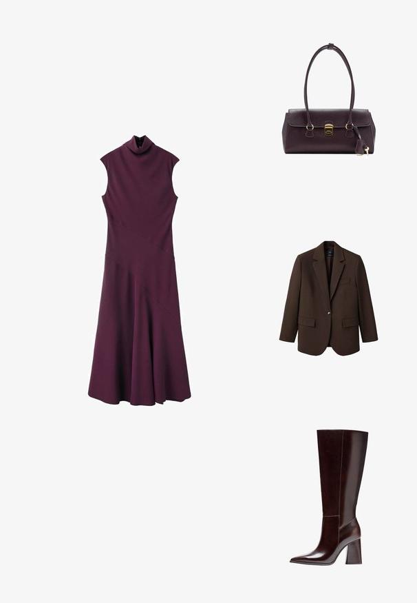 Brun blazer med klapkrave, enkelt knaplukning, to frontlommer og en brystlomme. Fremstillet i glat stof med en skræddersyet design.; ærmeløs mørkelilla kjole med høj hals, tætsiddende krop og udvidet skørt, med diagonale sømdetaljer og knaplukning ved halsen.; Brune læder knæhøj støvle med spids tå og tekstureret blokhælb. Har rent design og minimal syning.; Mørkelilla håndtaske i læder med struktureret design, dobbelte håndtag, gulddetaljer og en flad klap med lås og nøgleringsdetalje.