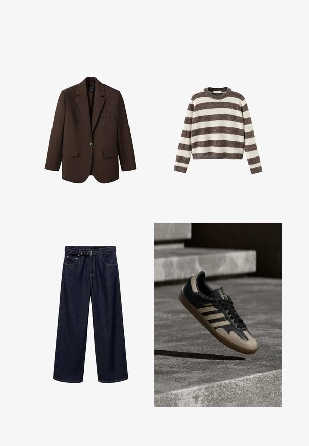 Brun blazer med klapkrave, enkelt knaplukning, to frontlommer og en brystlomme. Fremstillet i glat stof med en skræddersyet design.; Stripet pullover sweater i creme og mørkebrun. Ribstrikket rund hals, lange ærmer og en kortet kant. Blød tekstur med en afslappet pasform.; Mørkeblå brede jeans lavet af denim. Har et bælte i taljen med flere knapper, forlommer og en ren afslutning ved sømmene.; Sort og beige lædersneaker med tre hvide striber, tanfarvet gummisål og gyldent "Samba"-detalje på siden.