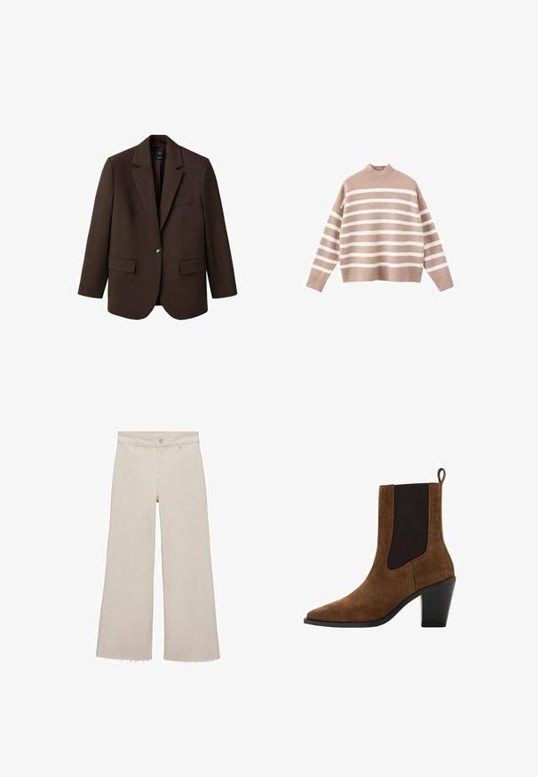 Brun blazer med klapkrave, enkelt knaplukning, to frontlommer og en brystlomme. Fremstillet i glat stof med en skræddersyet design.; Beige stribet sweater med hvide vandrette striber, der har en ribbet høj halsudskæring og brede ærmer, lavet af blødt strikstof.; Beige brede jeans med høj talje, lavet af denimstof. Har en rå kant forneden samt en frontknap og lynlås lukning.; Brun ruskindsankelstøvle med spids tå, elastiske sidepaneler og blokhæl. Har en strop i bagenden for nem påtagning.