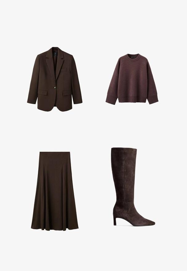 Brun blazer med klapkrave, enkelt knaplukning, to frontlommer og en brystlomme. Fremstillet i glat stof med en skræddersyet design.; Løs pasform sweater i mørk bordeaux, lavet af blødt strikket stof. Har en ribstrikket rund hals, vide ærmer og en ribstrikket kant.; Brun, gulvlængde nederdel lavet af blødt, glat stof. Har subtile plisseringer, et simpelt design og en elastisk talje for komfort.; Brune ruskinds knæhøje støvler med spids tå og 3-tommer hæl. Glat tekstur, slank silhuet og minimalistisk design.