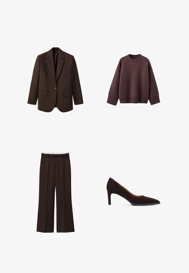 Brun blazer med klapkrave, enkelt knaplukning, to frontlommer og en brystlomme. Fremstillet i glat stof med en skræddersyet design.; Løs pasform sweater i mørk bordeaux, lavet af blødt strikket stof. Har en ribstrikket rund hals, vide ærmer og en ribstrikket kant.; Viddebukser i mørkebrun stof, med høj talje, dobbelte læg og sidelommer. Glat tekstur med bæltestropper.; Mørkebrune ruskinds højhælede sko med spids tå, en slank hæl og en glat sål, vist fra siden på en hvid baggrund.
