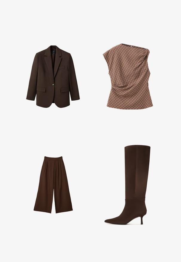 Brun blazer med klapkrave, enkelt knaplukning, to frontlommer og en brystlomme. Fremstillet i glat stof med en skræddersyet design.; Brun ærmeløs bluse med hvidt tern mønster og en let draperingsdetalje foran.; Bredbenede brune bukser med folder, sidelommer og høj talje med bæltestropper, præsenteret mod en hvid baggrund.; Brun knæhøj støvle lavet af glat materiale, med spids tå og en slank, høj hæl. Sømløst design med minimale accenter.