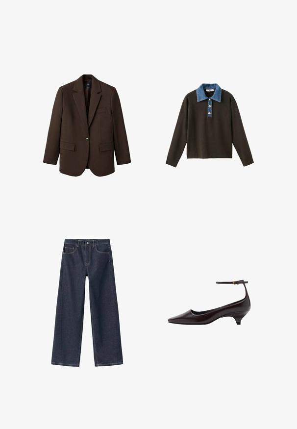 Brun blazer med klapkrave, enkelt knaplukning, to frontlommer og en brystlomme. Fremstillet i glat stof med en skræddersyet design.; Brun langærmet pullover med en blå denimkrave og tre knapper foran; har en glat tekstur og en afslappet pasform.; Mørkeblå denim bukser med vid ben, høj talje, synlige syninger, to forlommer og en knaplukning i taljen.; Mørkebrune spidse læder kitten heel sko med en tynd ankelrem og en lille guldbeslag.