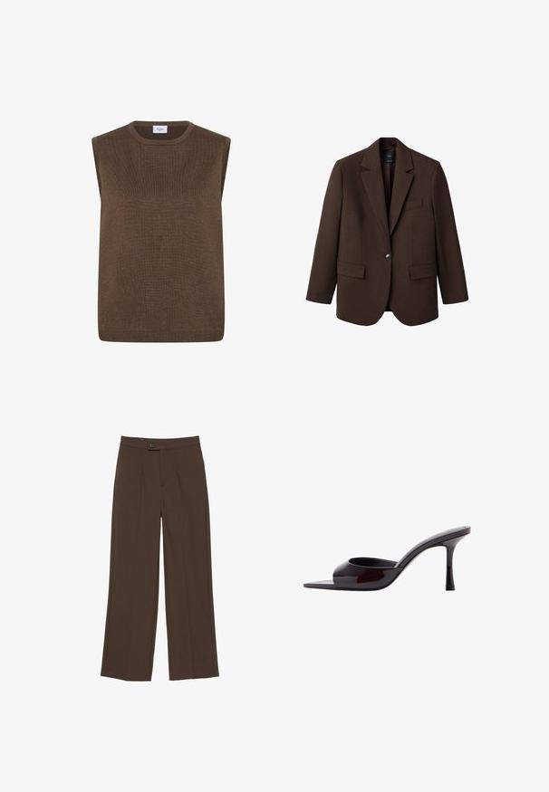 Brun blazer med klapkrave, enkelt knaplukning, to frontlommer og en brystlomme. Fremstillet i glat stof med en skræddersyet design.; Brun, ærmeløs strikket sweatervest med rund halsudskæring og ribbede kanter, mærket "Saint Tropez" indeni kraven.; Brune bukser med lige ben med knap og lynlås foran, der har rene, skræddersyede linjer og en talje i midjehøjde.; Sort laklæder mule med åbent tåparti, slank mellemhøj stilethæl og lavt skåret overskrivebånd.