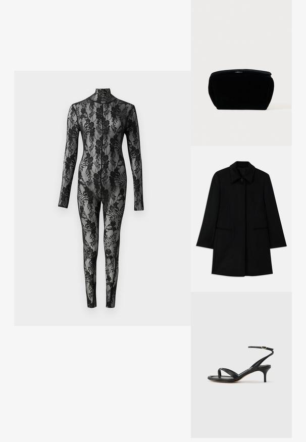 Zwarte wollen jas met een sluiting aan de voorkant met knopen, een brede kraag en twee zijzakken. Heeft een rechte snit en een gladde textuur.; Zwart kanten bodysuit met lange mouwen, hoge kraag en een bloemmotief dat het hele oppervlak bedekt. Strak aansluitend ontwerp met doorzichtige textuur.; Zwarte leren dames sandaal met dunne bandjes, een teengreep, een enkelgesp en een stilettohak van gemiddelde hoogte op een neutrale achtergrond.; Zwarte fluwelen cosmeticatas met een zachte, gestructureerde oppervlakte, ronde bovenkant en ritssluiting. Compact ontwerp, geschikt voor verschillende opbergbehoeften.
