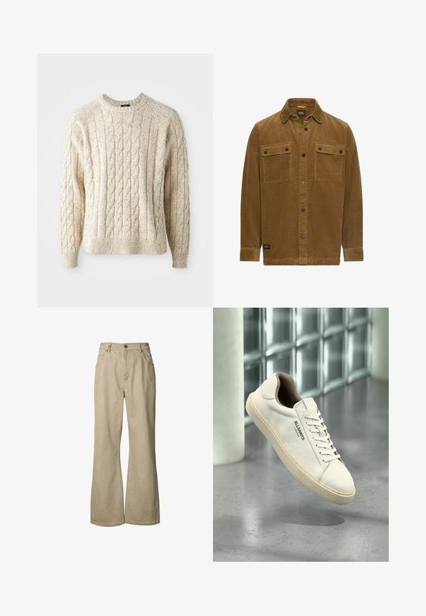 Chemise en velours côtelé marron à manches longues avec col, deux poches poitrine boutonnées et boutons-pression noirs sur le devant et aux poignets.; Pull en tricot torsadé couleur crème avec un col rond, un motif texturé et des poignets et un ourlet côtelés. Fait en fil doux et épais.; Pantalon beige à jambes larges avec fermeture à boutons et zip devant, passants pour ceinture et poches avant, présenté sur fond blanc.; Baskets en toile blanche avec semelle et lacets beige, logo "AllSaints London" sur le côté, flottant au-dessus d'un sol gris poli près de blocs de verre.